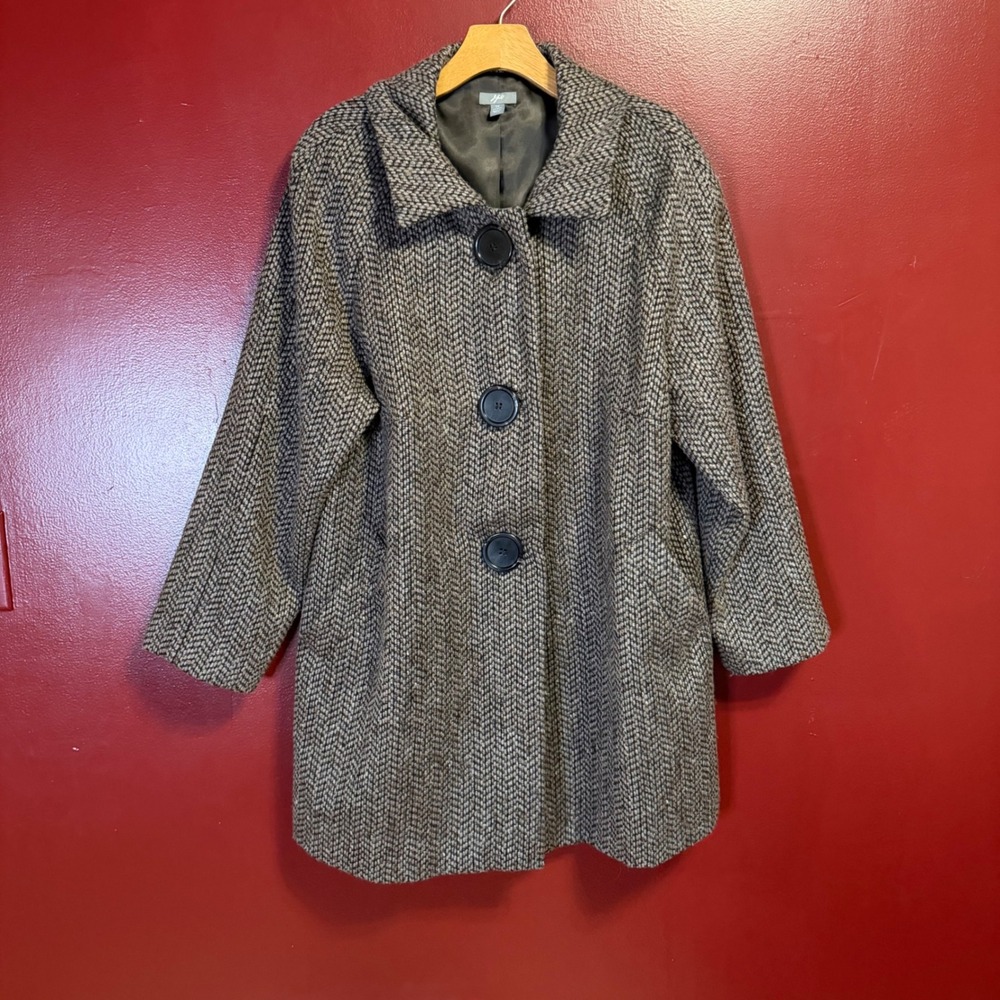 J. Jill Wool Alpaca Blend Car Coat Brown Black Herringbone Plus Size 1X